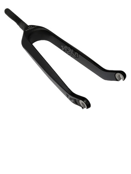 The Tangent Mini 20 Inch 10mm Carbon Fork, featuring a black carbon fiber construction with a tapered 1-inch steerer tube and dual dropouts, designed for BMX junior expert frames, is displayed against a white background.