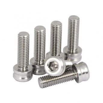Five screws from the Pride Stem Titanium Screw Kit - Cayman V2 / FTL, with one screw lying horizontally in front and four standing upright in the background.