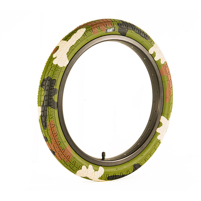 An 18 inch Family BMX F2128 tyre with a camouflage pattern, placed on a white background.