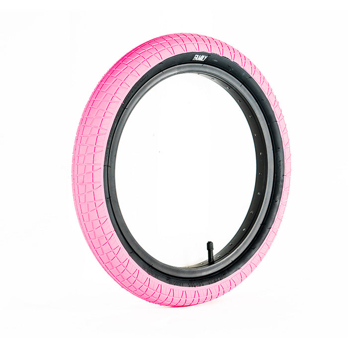 A pink Family BMX F2128 18 Inch Tyre on a white background.