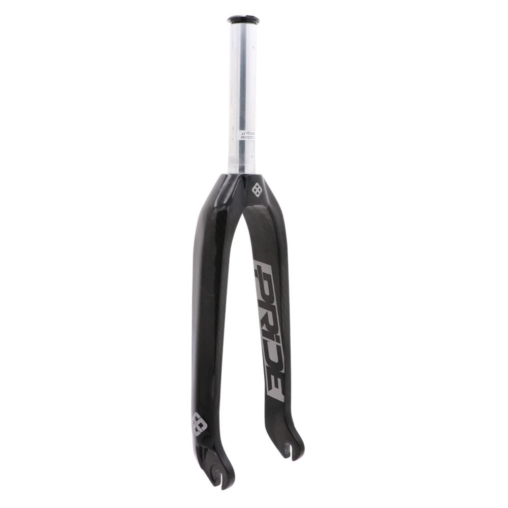 The Pride Apex 20 Inch 10mm Fork is a black carbon fork with an aluminium 1-1/8" steerer tube and “PRIDE” in white on one leg, shown on a plain white background. Suitable for most modern road bikes.