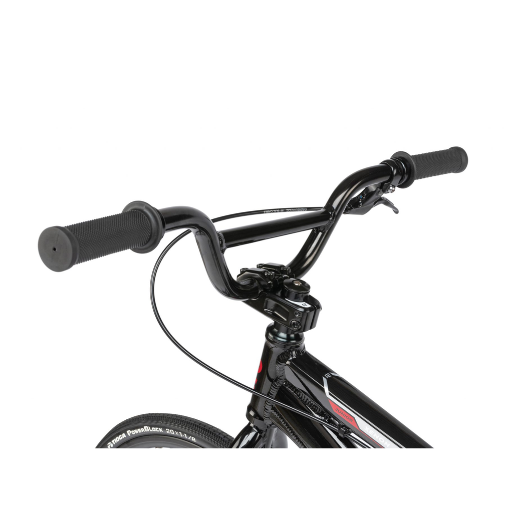 A black Radio Xenon Junior Bike with handlebars on a white background.