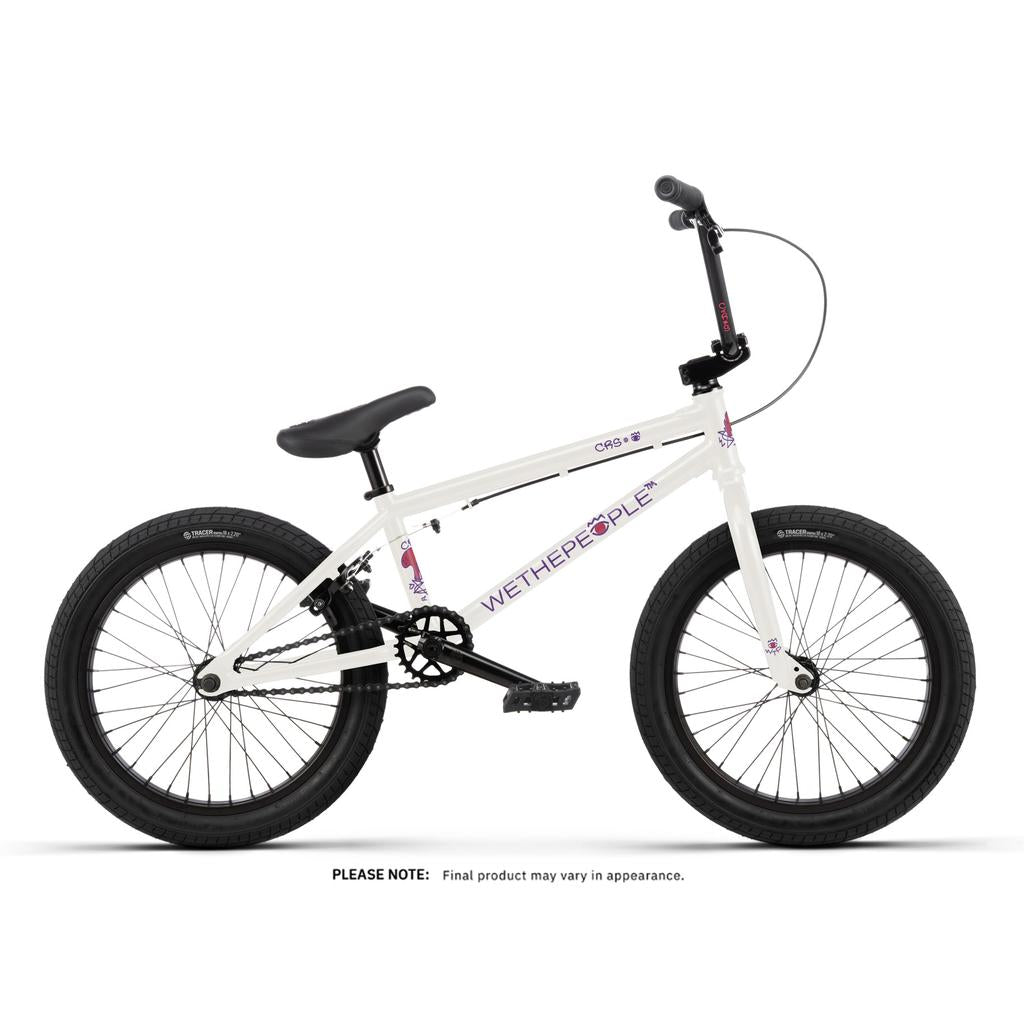 The Wethepeople CRS 18 Inch Bike is a white kids' BMX with black tires, pedals, and handlebars. The brand logo appears on the frame, and the bike is shown against a plain white background.