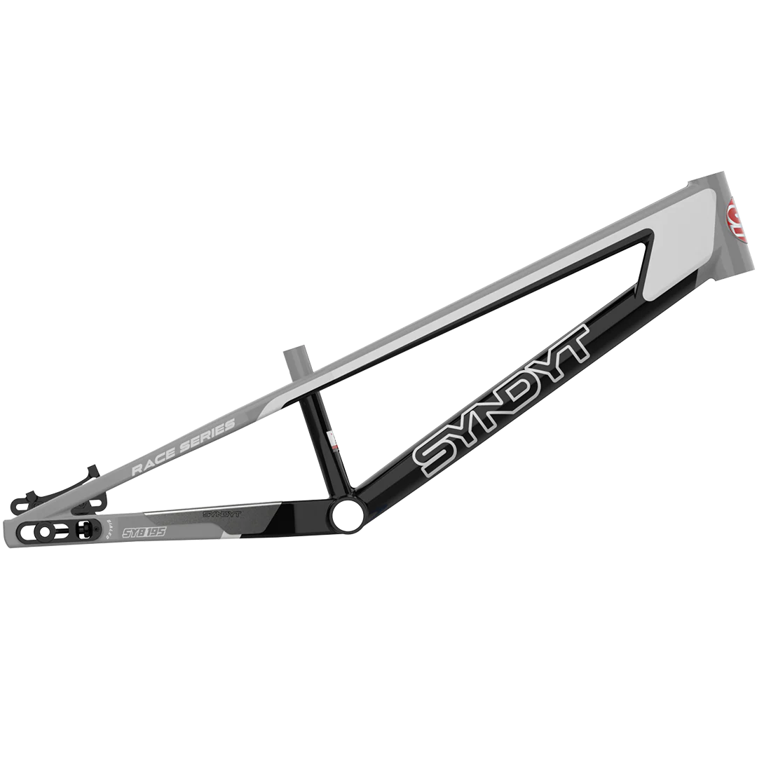 A side view of the black and grey Syndyt 195 Expert Frame showcases its sturdy 6061 aluminum BMX frame, displaying the brand name and frame structure against a white background.