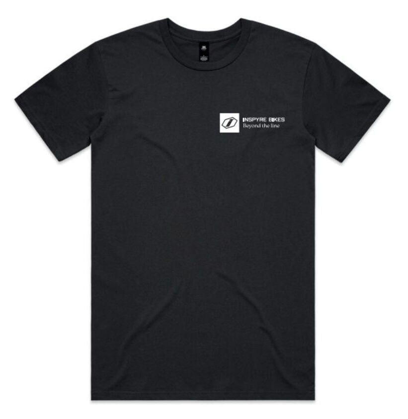 Inspyre Icon T-Shirt: Black 100% cotton short-sleeve tee with a small white logo and "INSPIRE IDEAS Beyond the Line" text on the upper left chest for comfort and style.
