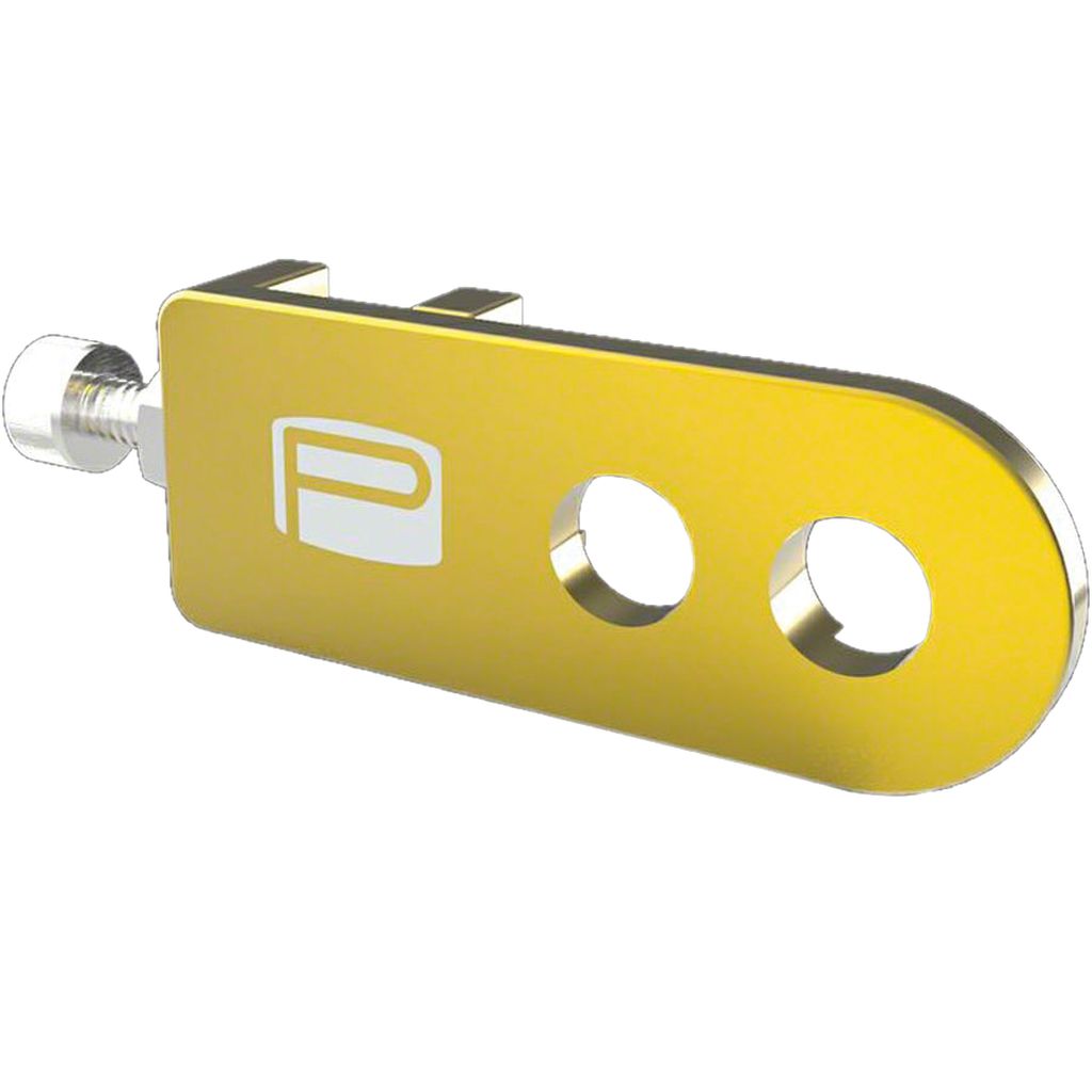A yellow bracket with two holes on it, designed for race bikes to prevent axle slipping and maintain proper chain tension, called Promax C-1 Chain Tensioners.