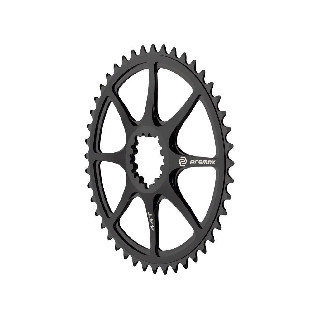The Promax Direct Mount Front Sprocket is a black 44-tooth, eight-spoke chainring for BMX racing, compatible with SRAM 3-bolt cranksets.
