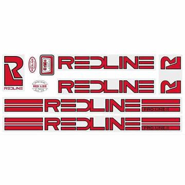 The Redline Retro Proline 2 Frame Decal Set includes red and white "REDLINE" and "R" logo stickers in various sizes and styles—vintage BMX-inspired stripes, ovals, and more—ideal for customizing your frame.