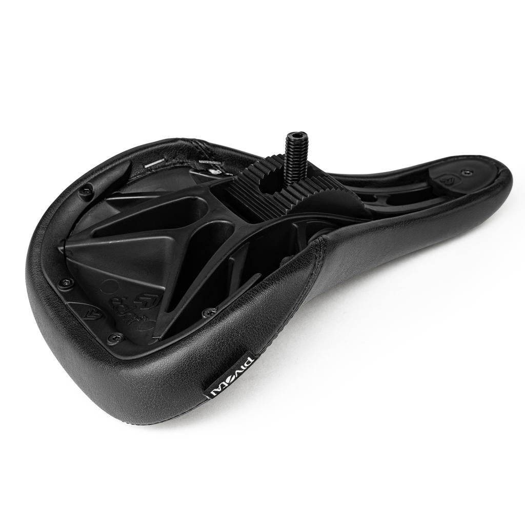 A close-up of the Eclat Exile Pivotal Seat's underside highlights its custom pivotal base with visible mounting bolt and sturdy structural supports.