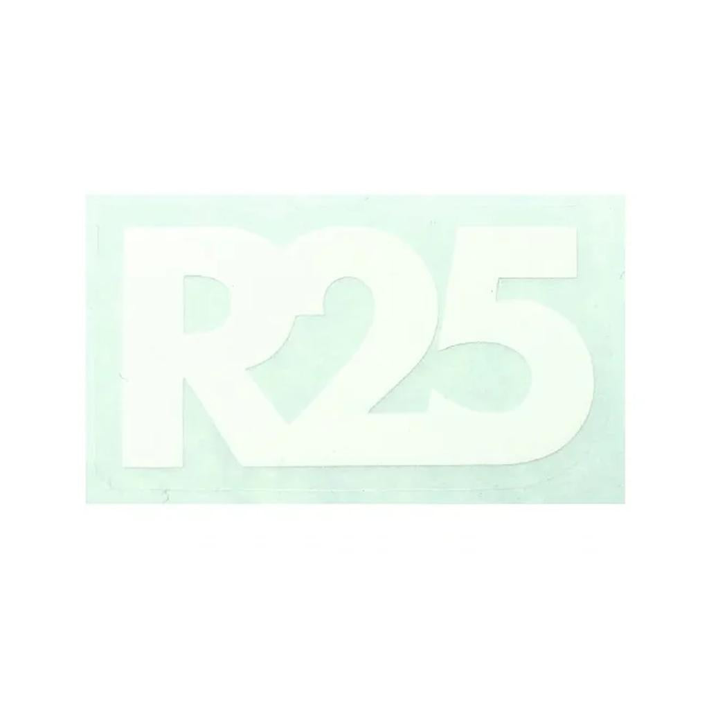 White “R25” text on a light blue rectangle, designed as the Odyssey R25 Fork Decal—ideal for replacement or customization.