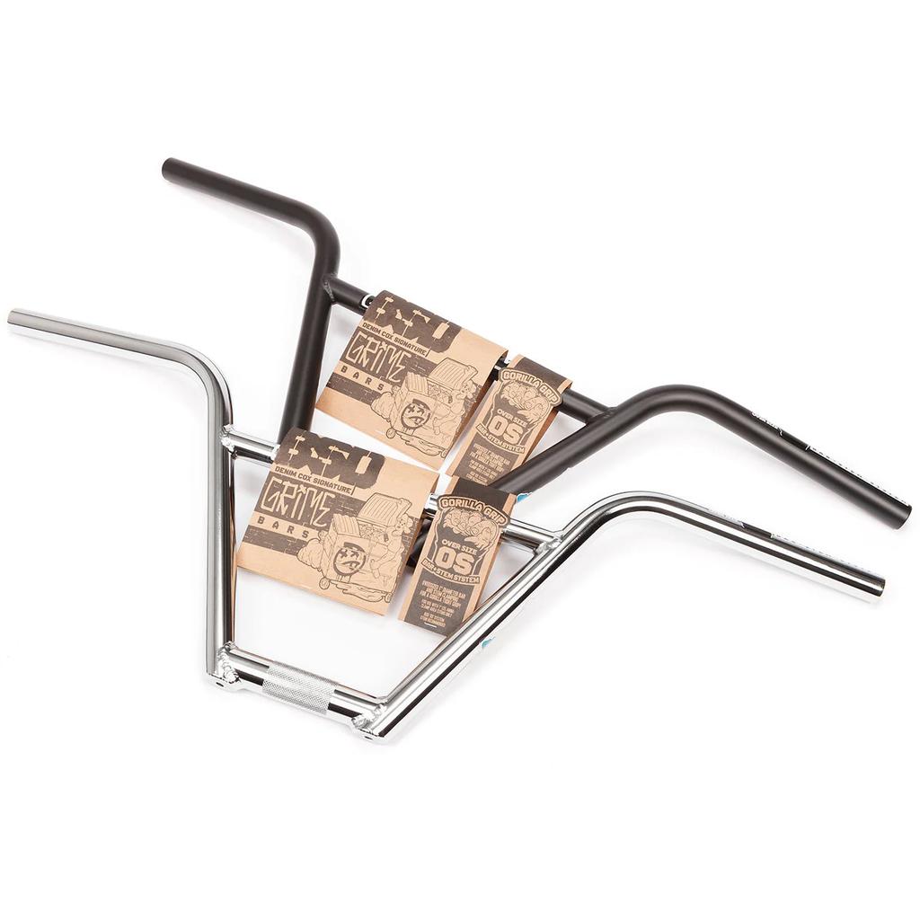 Two BMX handlebars—one black, one chrome—are shown side by side with labels. The BSD Grime 4 Piece Bars offer a durable, stylish choice for riders looking for quality and performance.