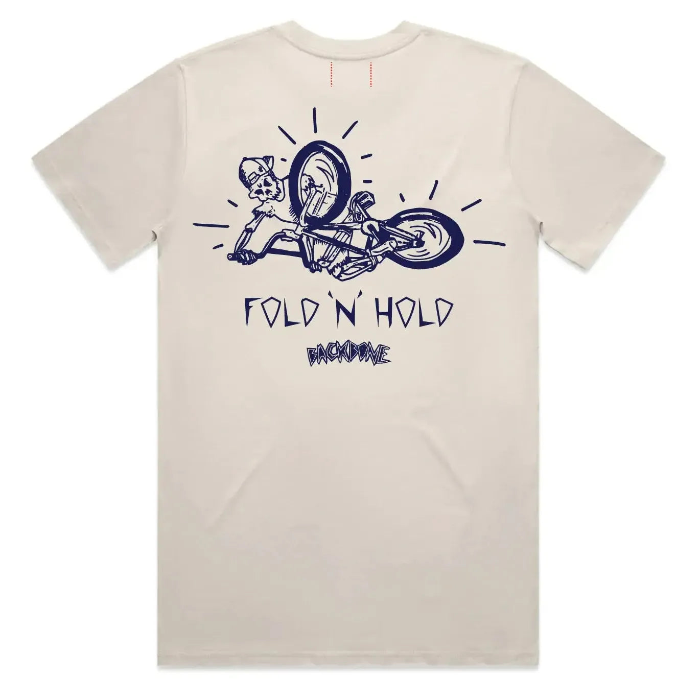The Backbone Fold ‘n’ Hold T-Shirt is made from premium beige cotton and showcases a navy graphic of a person falling off a bicycle, with “FOLD N’ HOLD” and “RACONTEUR” text printed on the back—a playful nod to classic BMX t-shirt style from Backbone BMX.