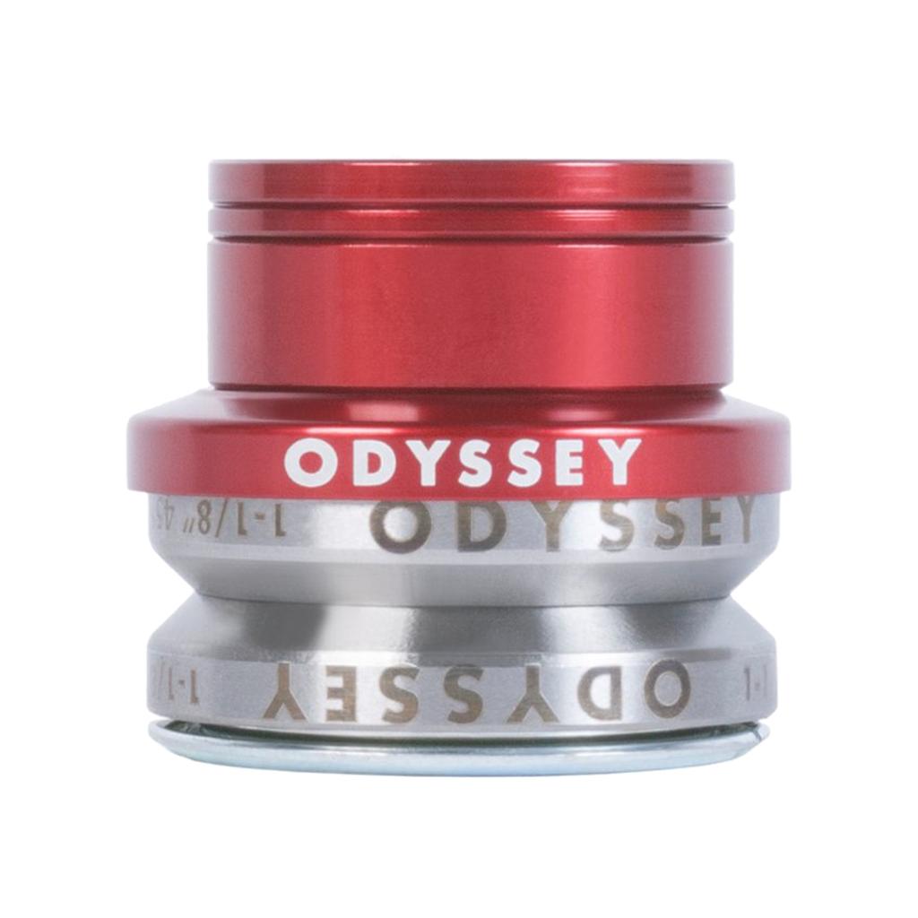 The Odyssey Pro Integrated Headset in red and silver features sealed bearings and an engraved logo, shown against a white background.