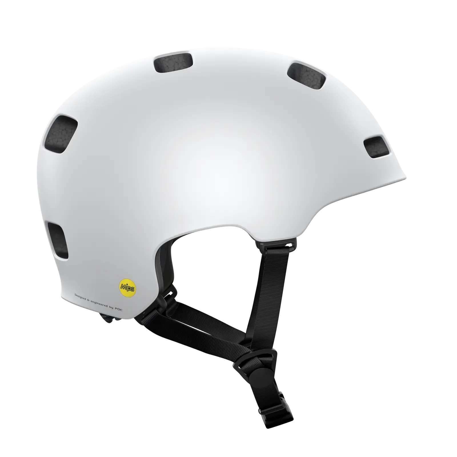 The POC Crane MIPS Helmet in Matte White features multiple ventilation holes, black adjustable straps, a dual-density liner for protection, and a yellow MIPS safety label on the lower back for rotational impact safety.