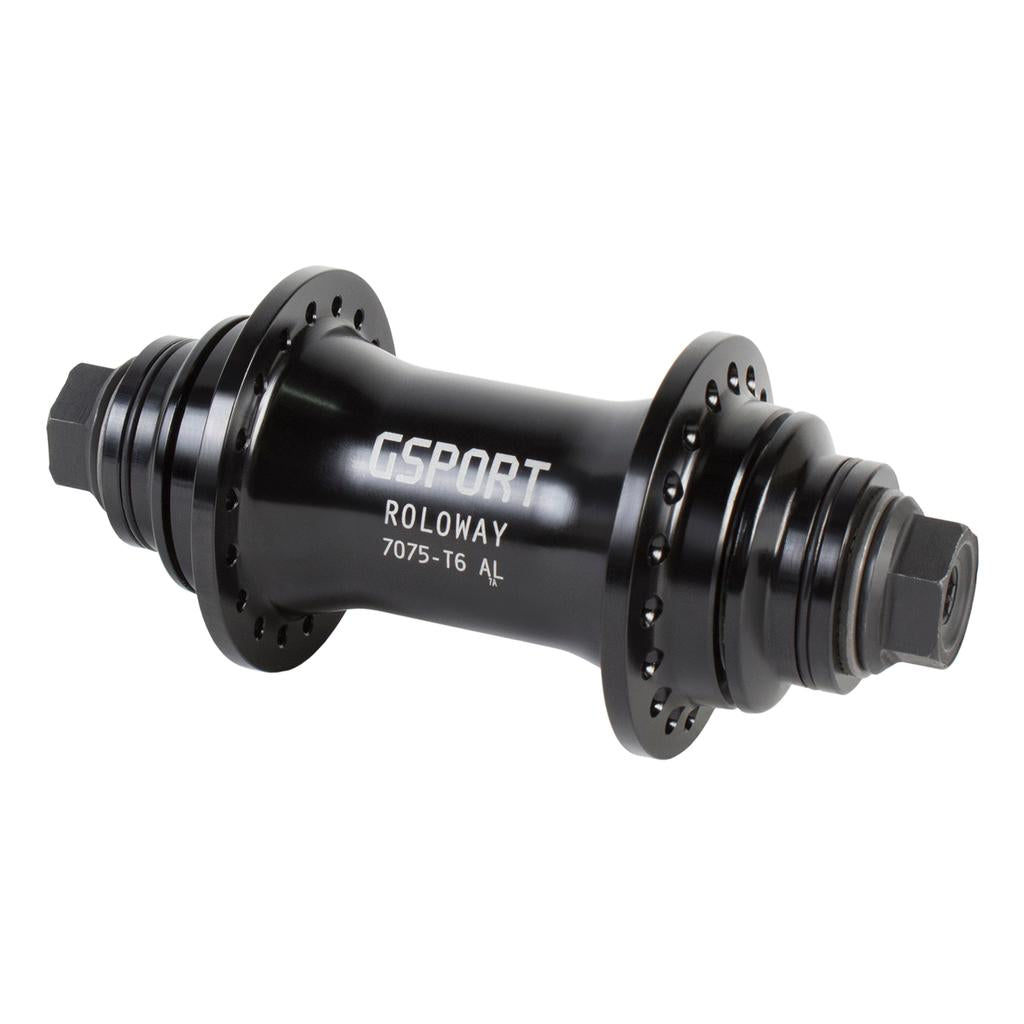The G-Sport Roloway Front Hub is shown from the side against a white background, featuring a durable 7075-T6 aluminum hub shell with multiple spoke holes and bolt mounts. This black sealed front hub is also compatible with plastic hub guards for enhanced durability and protection.