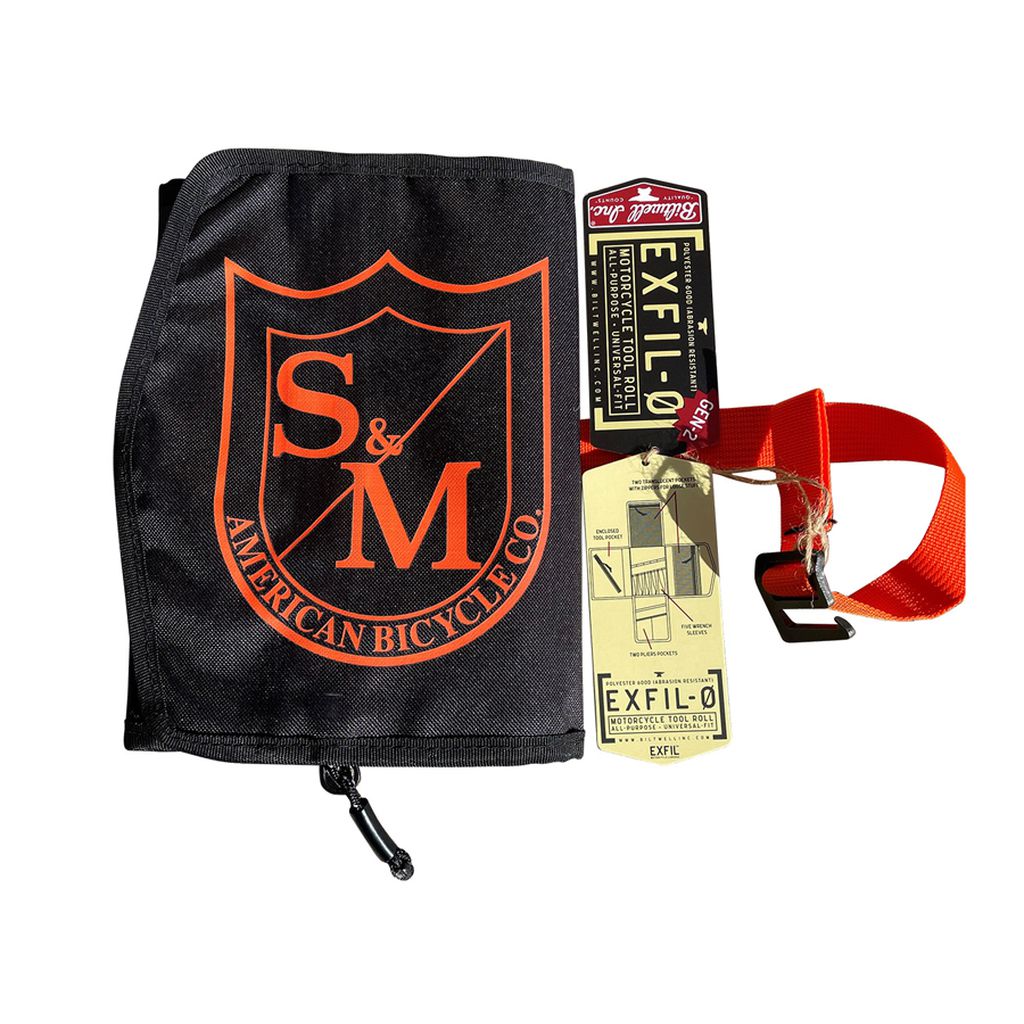 An S&M Biltwell Exfill Tool Roll with a lanyard and a key ring, perfect for bike tools and tool kits.