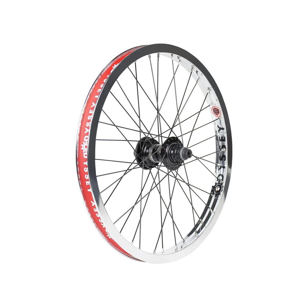 The Odyssey Clutch V2 X Hazard Lite Wheel features black spokes, a silver rim with red and white details, and a Clutch V2 Freecoaster Hub for high performance—shown here on a white background.