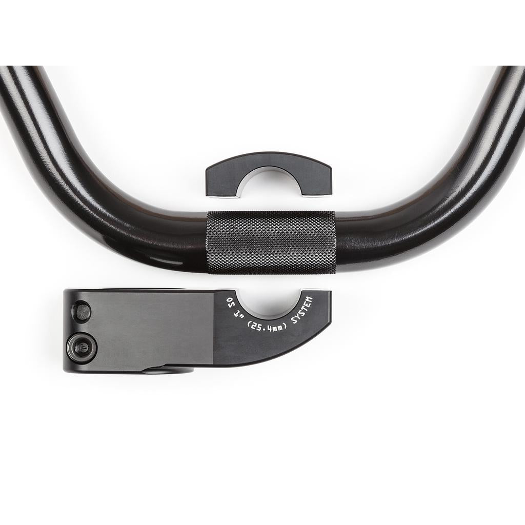 The BSD Stacked Stem (25.4mm Clamp) in black metal is shown on a white background with engraved markings visible on the clamp and a matching top cap.