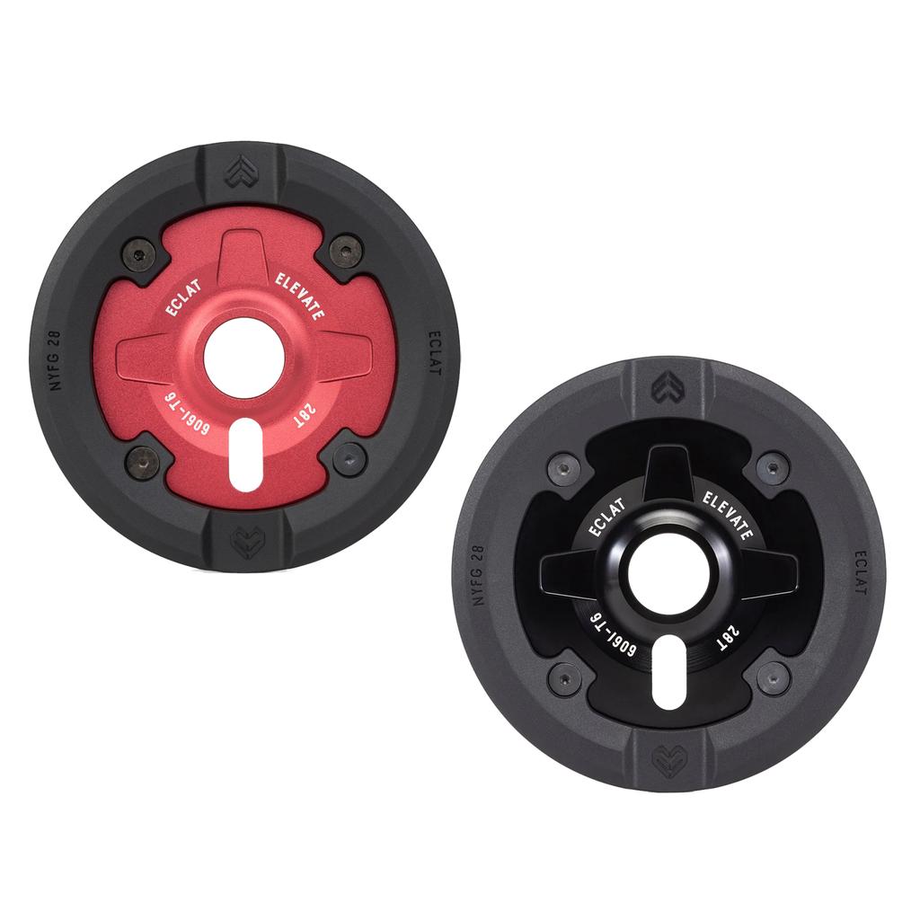 Two Eclat Elevate Guard Sprockets, made from 6061-T6 Alloy CNC, are shown—one red/black, one black—each with a center hole, labeled markings, and a tough Nylon Fiberglass bash guard.