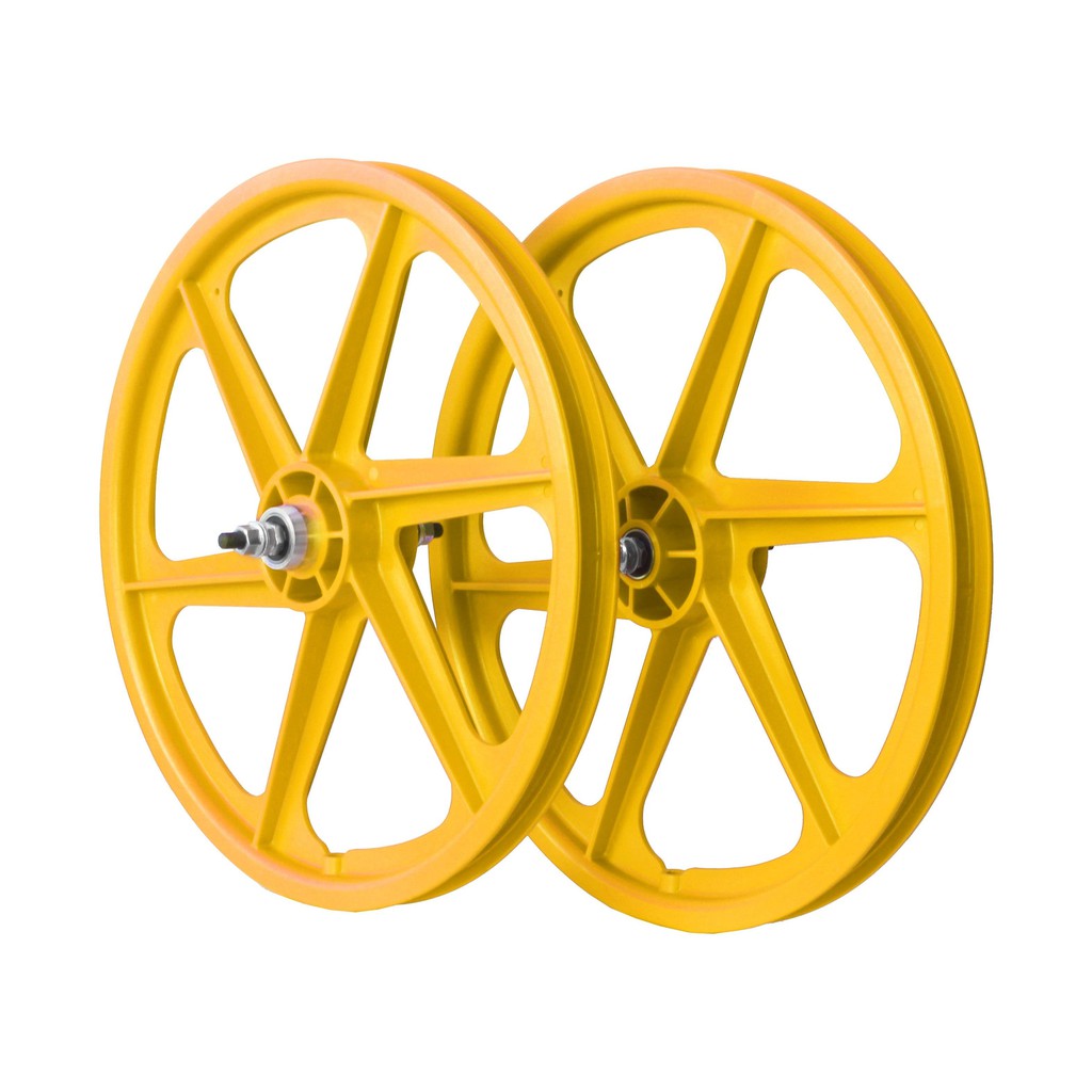 Two yellow Skyway Tuff 6 Spoke Wheelsets on a white background.