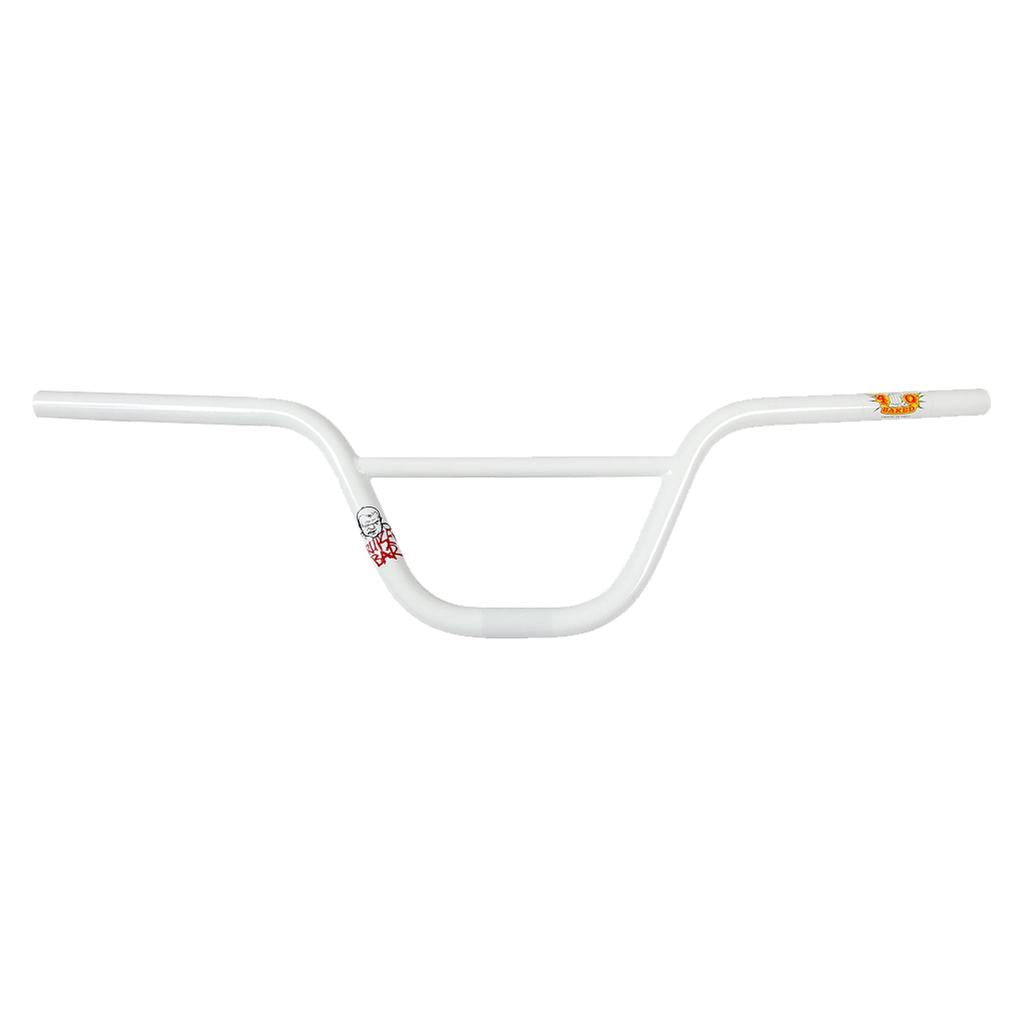 S&M Race Bruiser Bars (22.2mm Clamp) BMX handlebars in white, featuring two small, colorful decals, photographed against a plain white background.