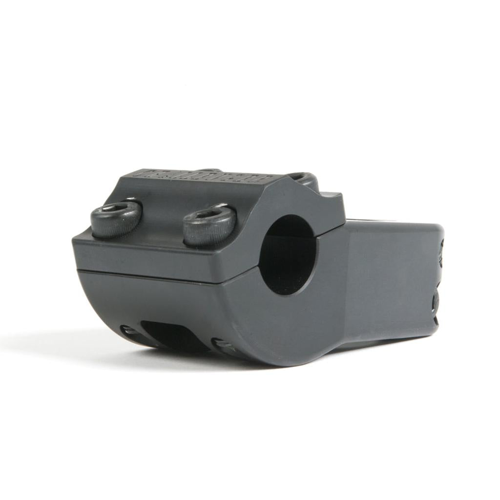 The S&M Challenger Stem is a black metal BMX stem with two visible screws and a circular opening, designed for mounting onto a cylindrical object. Made in the USA.