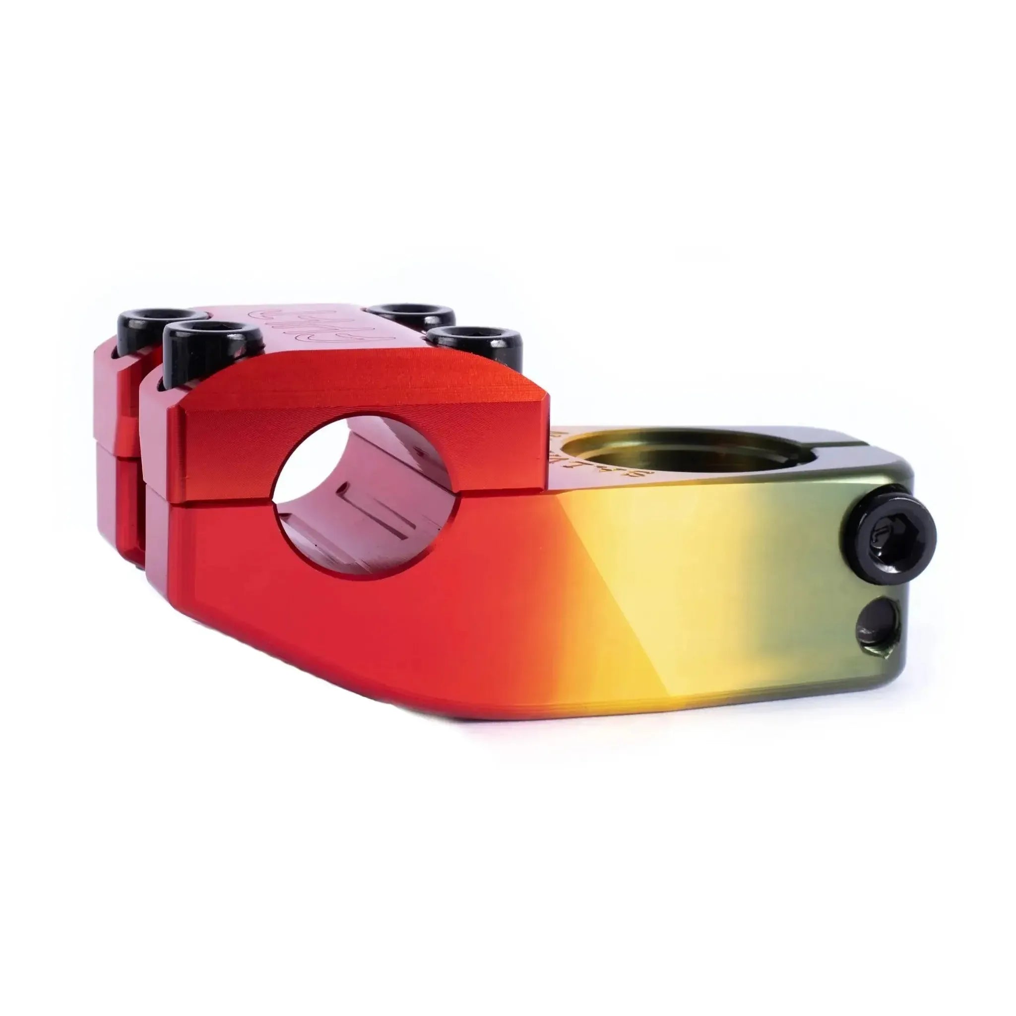 A close-up of the Cult Salvation V4 Stem, anodized in a red, yellow, and green gradient with visible bolts and a cylindrical clamp design, offering a 32mm rise for ideal handlebar positioning.
