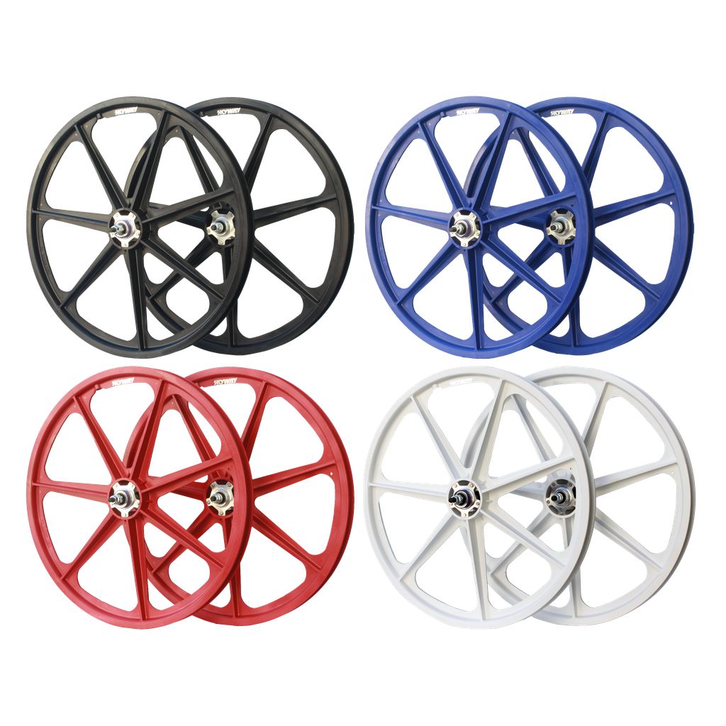 Four different colors of Skyway Tuff II Rivet 24 Inch Wheelset with sealed bearings.