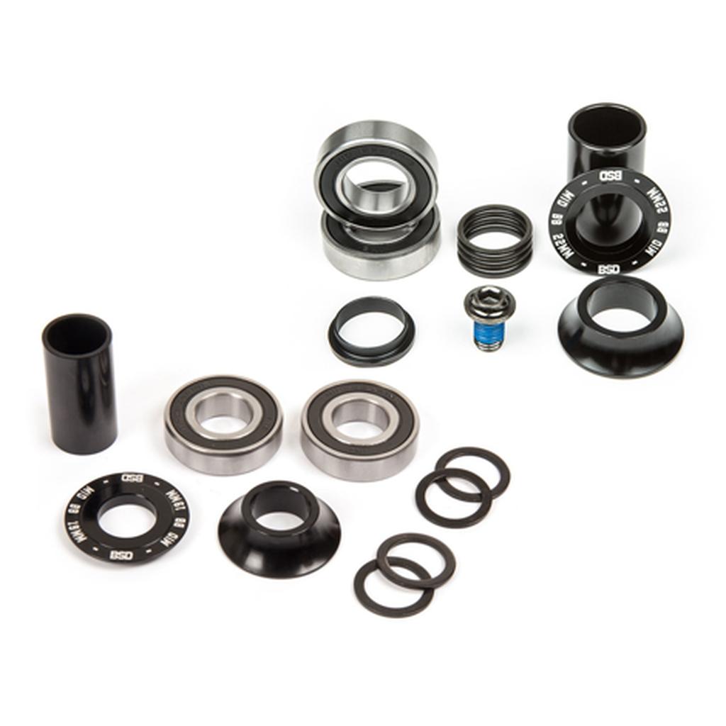 BSD Substance Mid Bottom Bracket kit, featuring CNC machined spacers, sealed bearings, cups, and a spring, displayed on a white background.