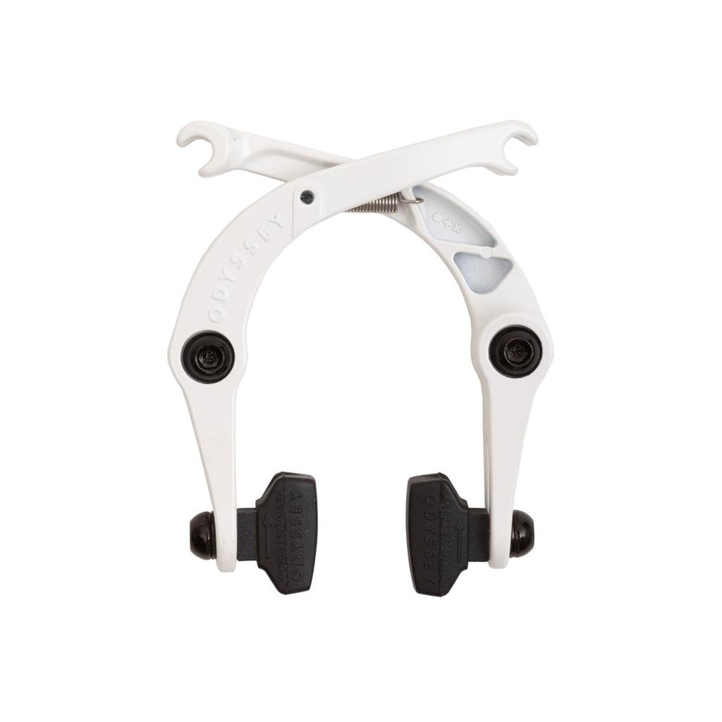 Odyssey Springfield Brakes—white brake arms with black pads, crossed on a plain background. An affordable braking solution crafted with trusted Odyssey engineering.