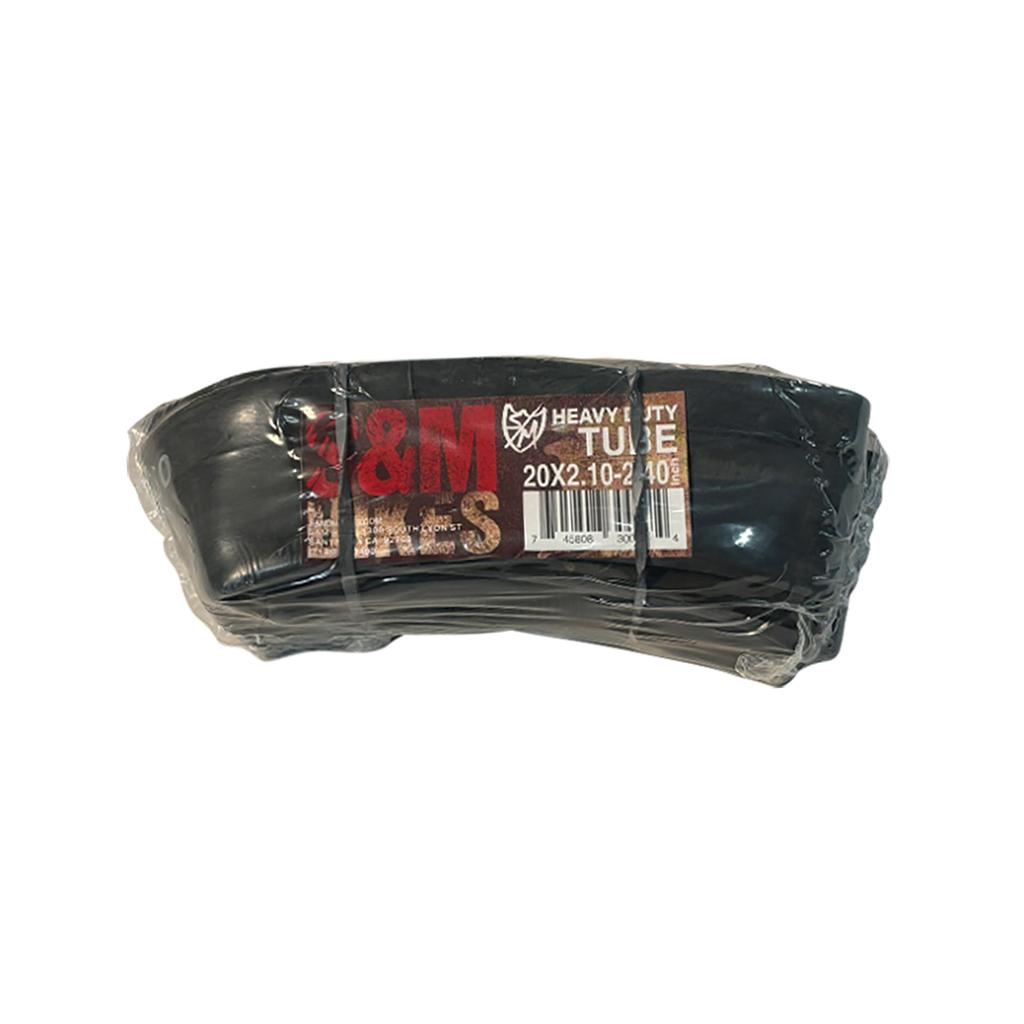 A packaged S&M Inner Tube (Heavy Duty) / 20 Inch, size 20x2.10/2.40, is shown wrapped in clear plastic with a visible product label for this durable tube.