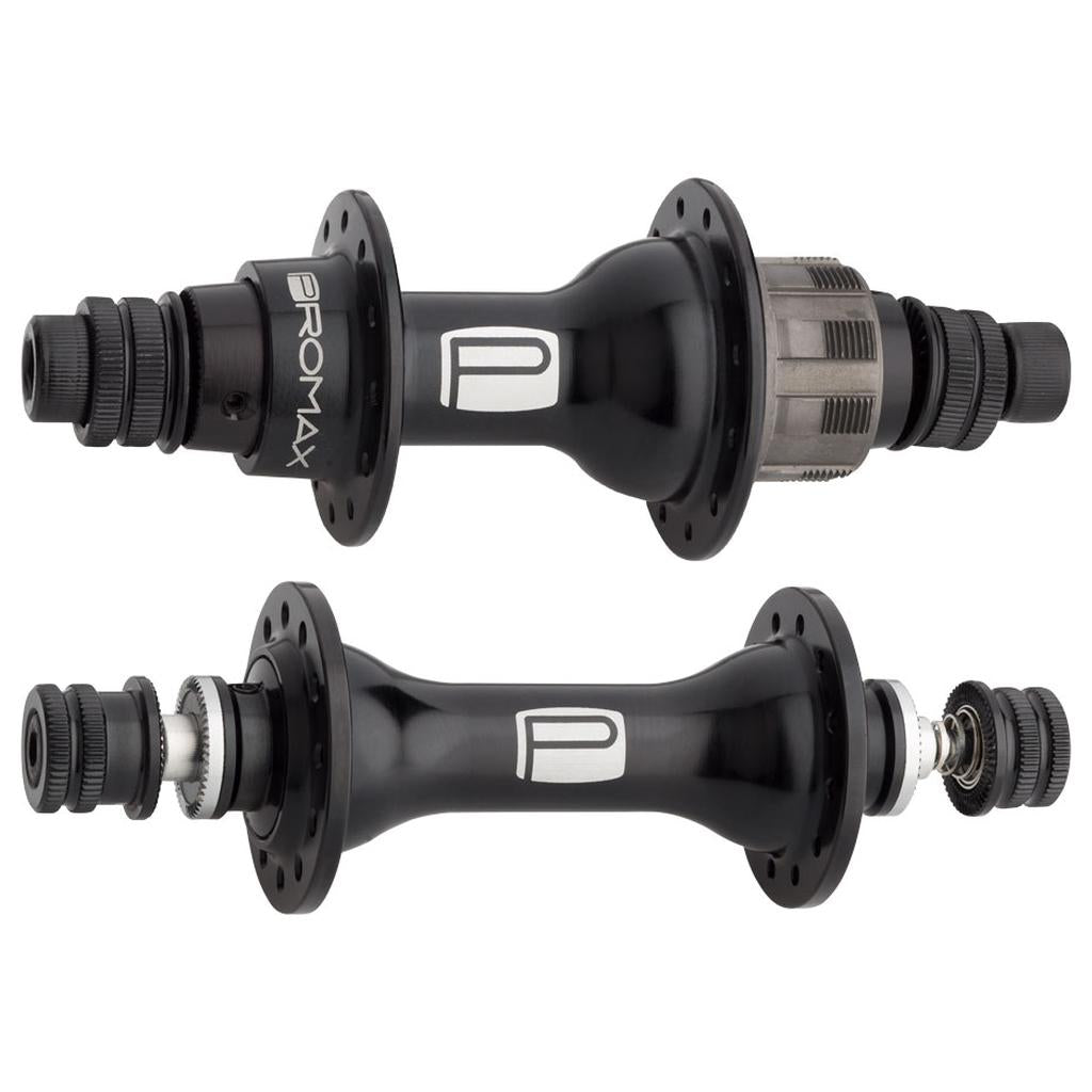 Two black Promx Mini HB-M1 Hub Sets are displayed side by side, one with a Shimano-compatible cassette body installed and the other partially disassembled to reveal its internal components—perfect for a junior wheelset build.