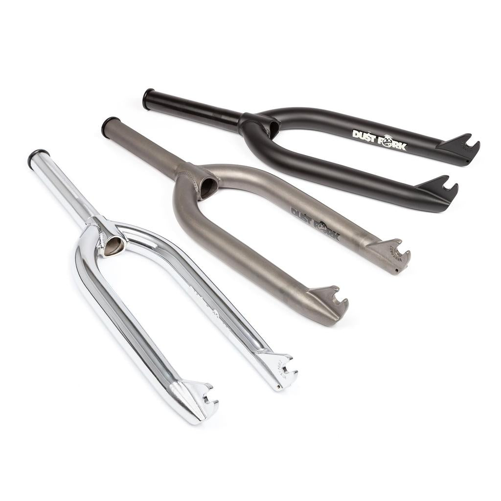 Three BSD Dust Forks with a 26mm offset are shown side by side in chrome, raw metal, and matte black finishes on a white background.