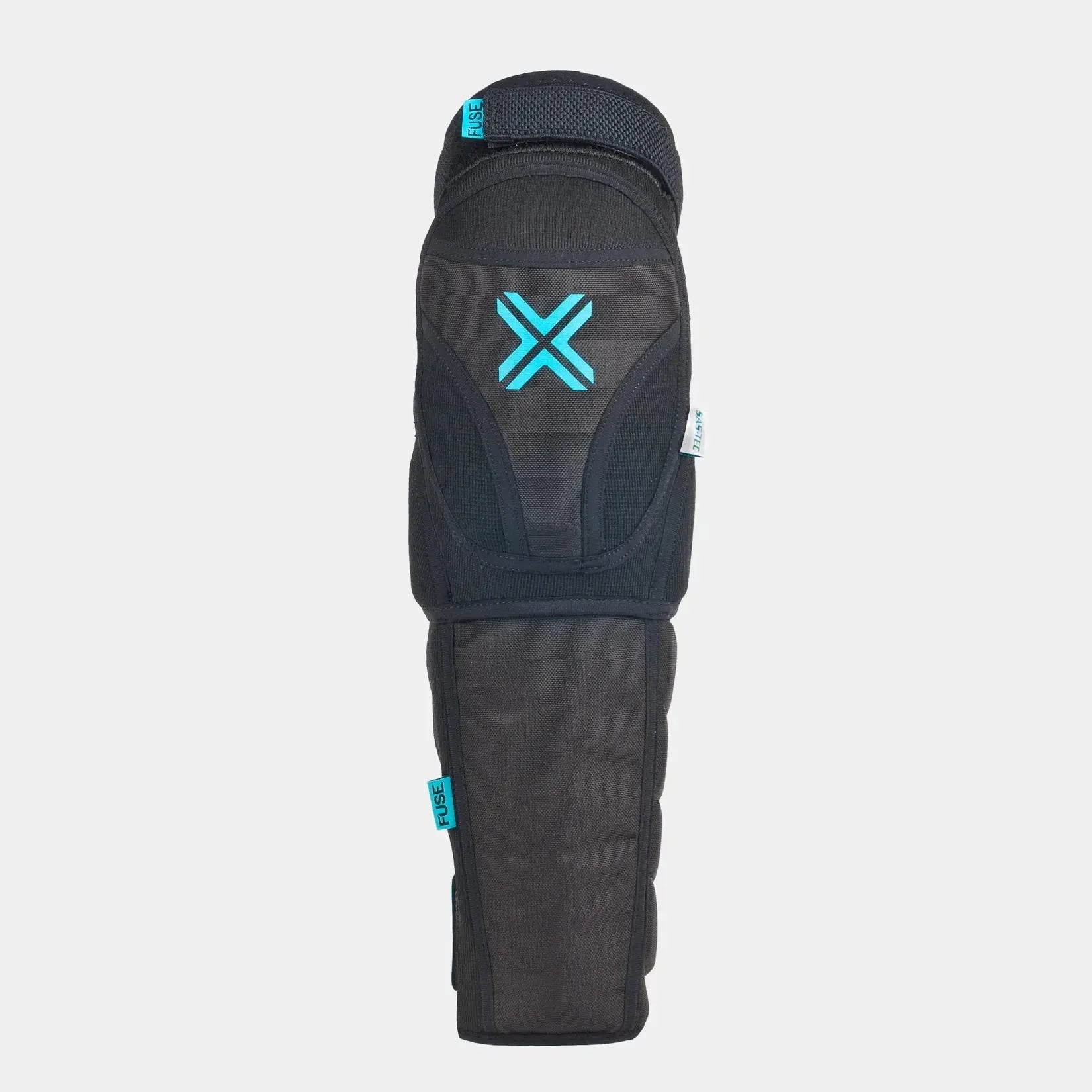 Fuse Echo 100 Knee Shin Combo Pads (Pair) shown on a plain white background. Features a black design with a blue "X" logo on the knee for excellent impact absorption and superior shin protection.