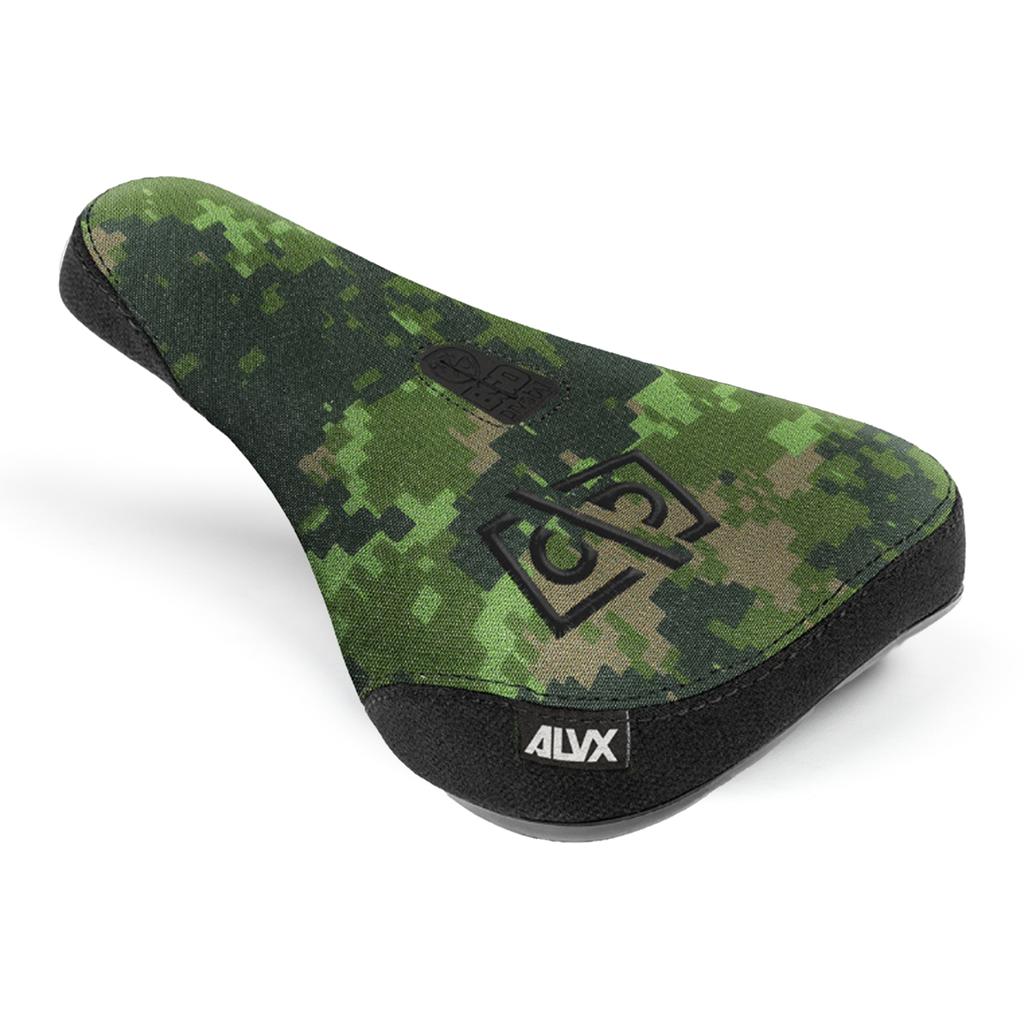 The BSD Alvx Eject Pivotal Seat is an Alex Donnachie signature BMX seat with a green digital camo pattern and black embroidered "ALVX" logos on the side.