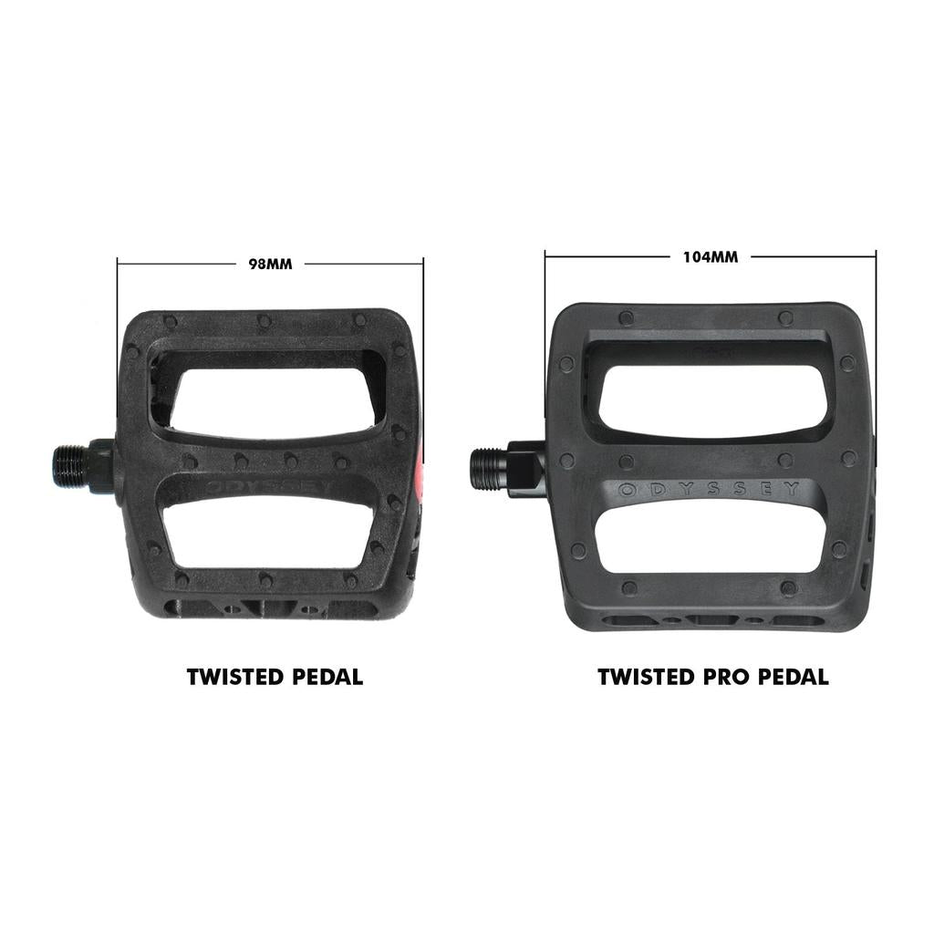 Side-by-side comparison of Odyssey Twisted Pedal (98mm wide) and Odyssey Twisted PC Pro Pedals (104mm wide); both black BMX pedals made from high-strength nylon composite.