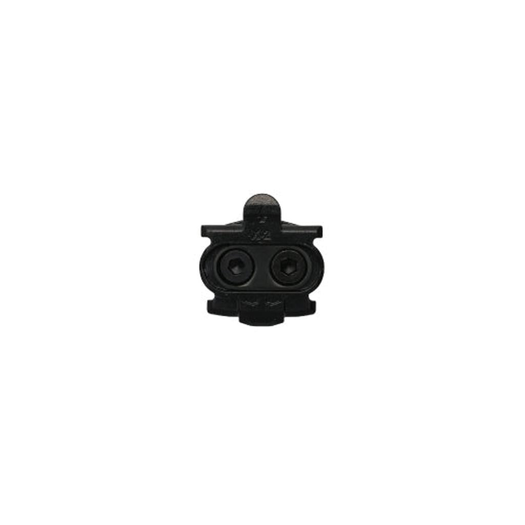 HT X2 Pro Cleats (Pair) in black metal, featuring two screw holes for minimal float and compatibility with HT pedals, shown from above against a plain white background.