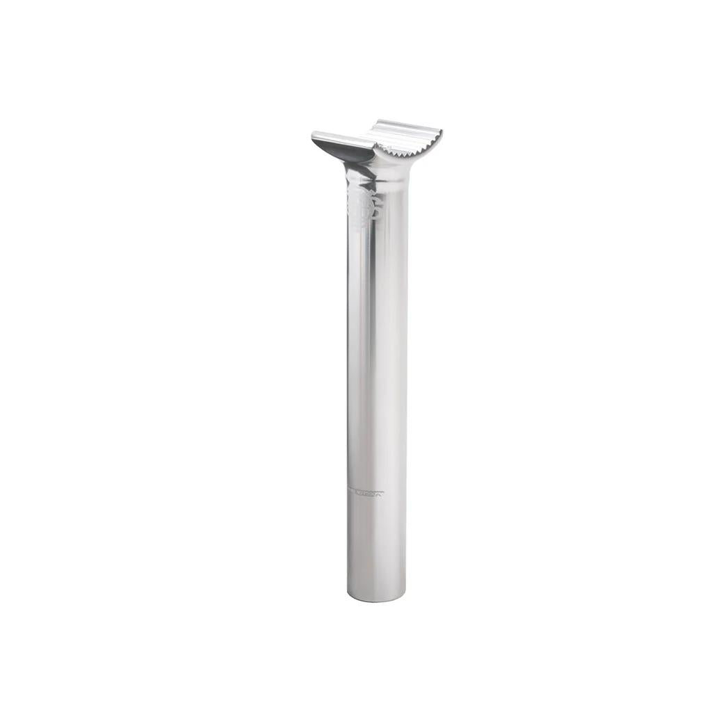 The Odyssey Pivotal Seat Post is a silver forged aluminum bike seat post with a notched clamp for saddle attachment and a 200mm length, ensuring reliable support.
