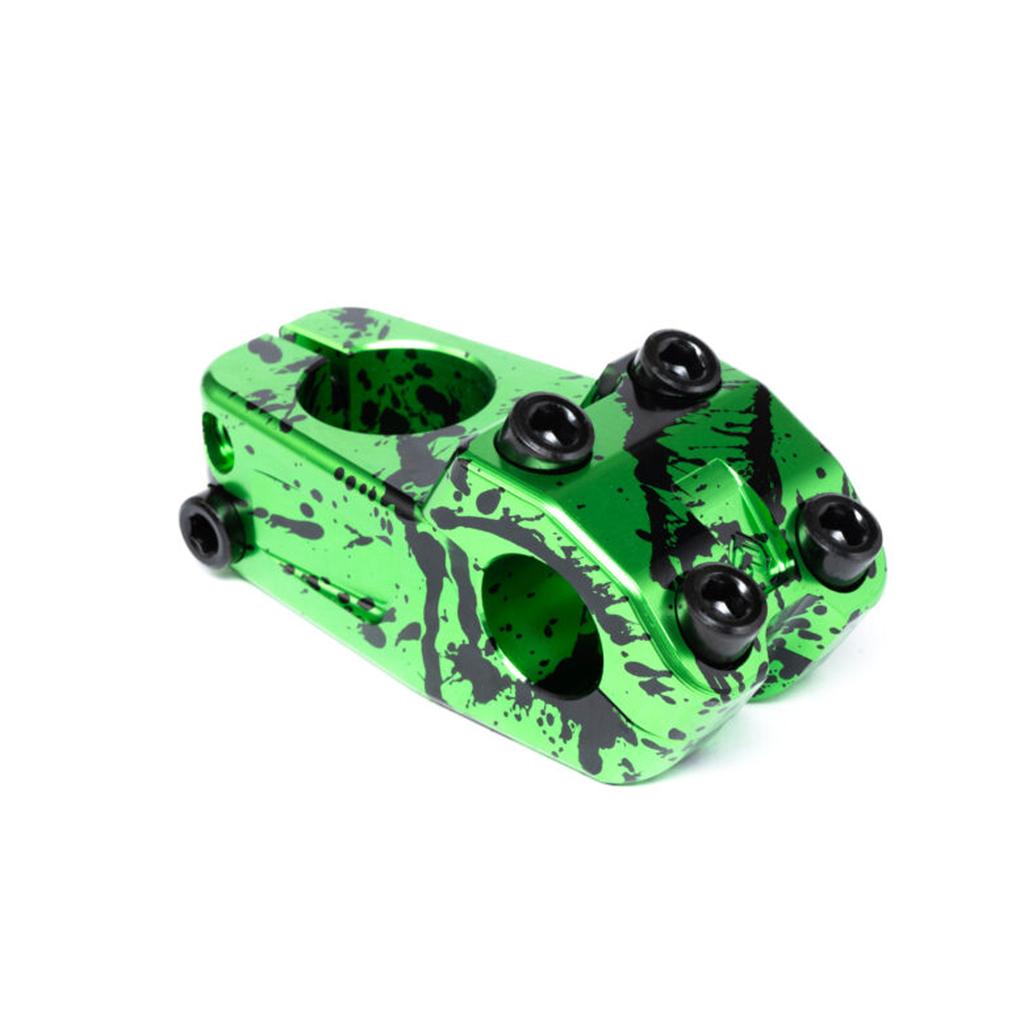 The Eclat Burns Stem is a green anodized CNC-machined 6061-T6 alloy BMX stem with a black splatter finish, four black bolts, and a front load design, shown on a white background.