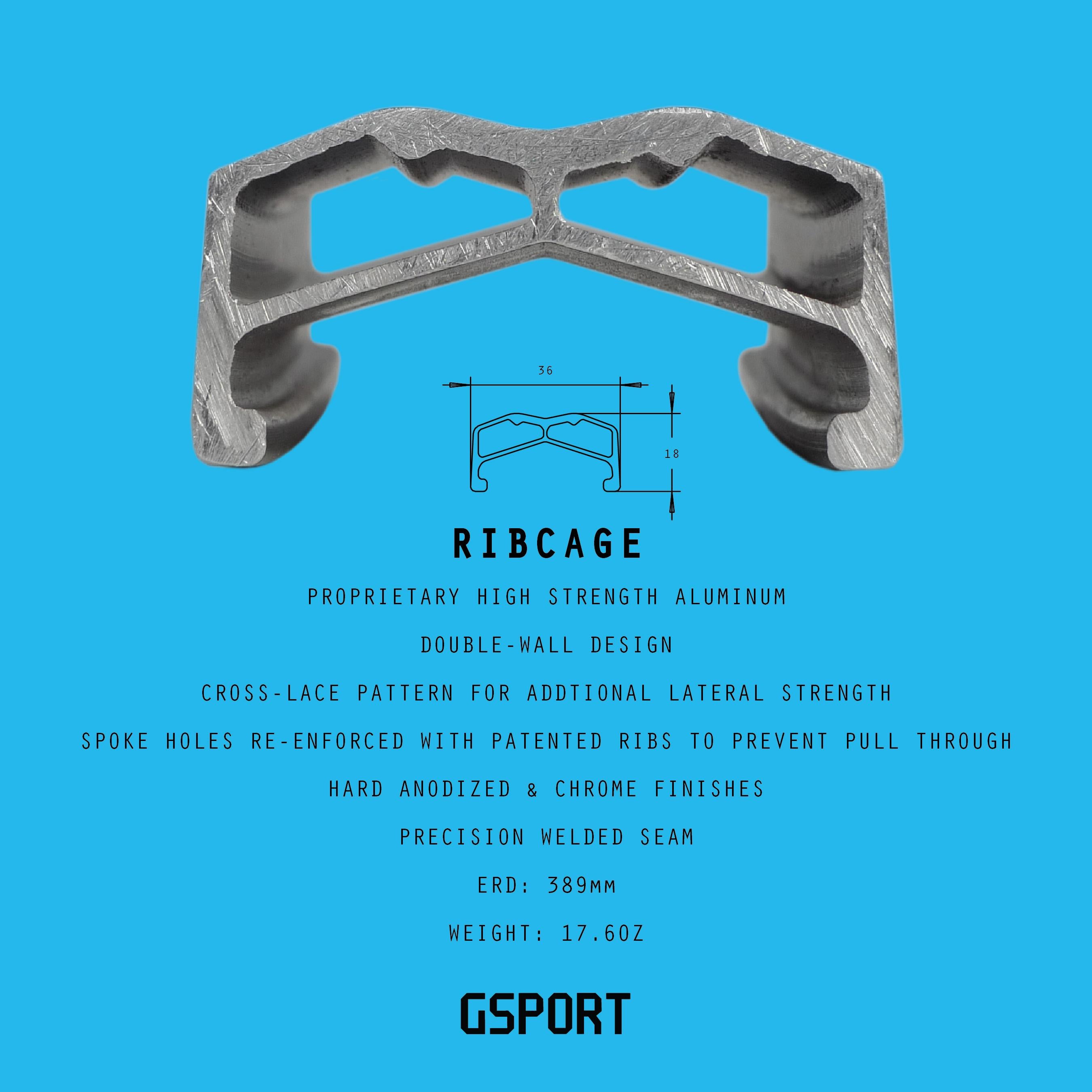 Cross-section of the G-Sport Ribcage Rim shows its double-wall, high-strength aluminum construction with structural details and technical specs below, all set on a blue background.
