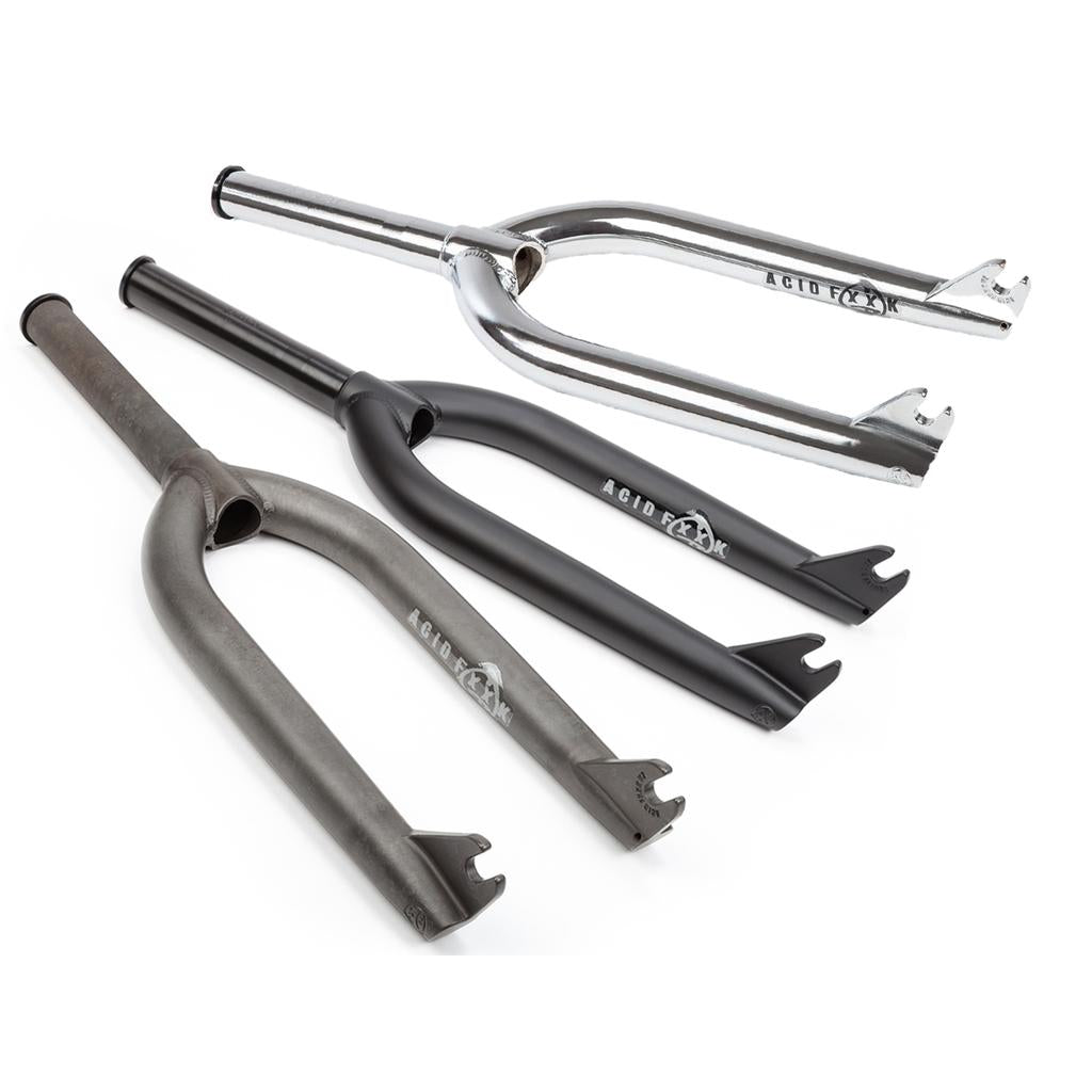 Three BSD Acid V2 Forks in raw, matte black, and chrome 4130 chromoly are shown side by side on a white background, each labeled "Acid Fork.