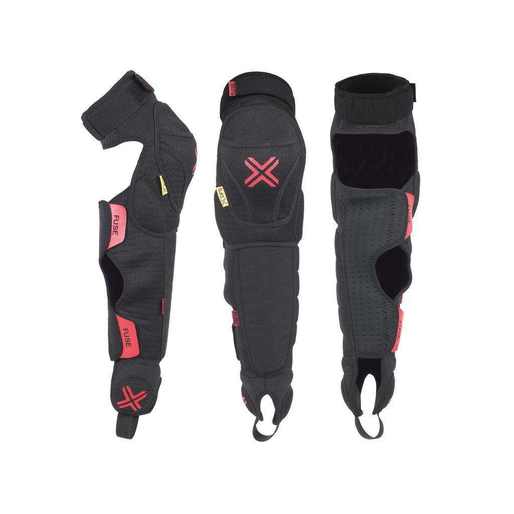 The Fuse Delta 125 Knee Shin Ankle Combo Pads (Pair) in black and red are shown from the front, side, and back angles—ideal for sports or riding with full impact protection.