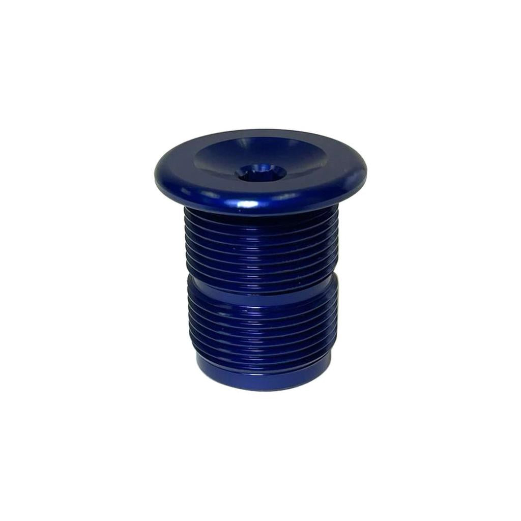 The S&M M24 Fork Preload Bolt, a blue cylindrical metal component made from 7075 T6 Aluminum with grooves and a wide flat top, is shown against a white background.