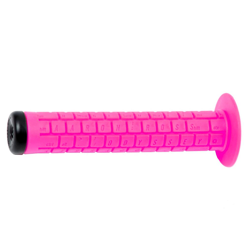 The Odyssey Aaron Ross Grips are pink, 145mm long, feature raised keyboard key patterns with "AARON ROSS ODYSSEY" among the keys, and have a softest grip texture.