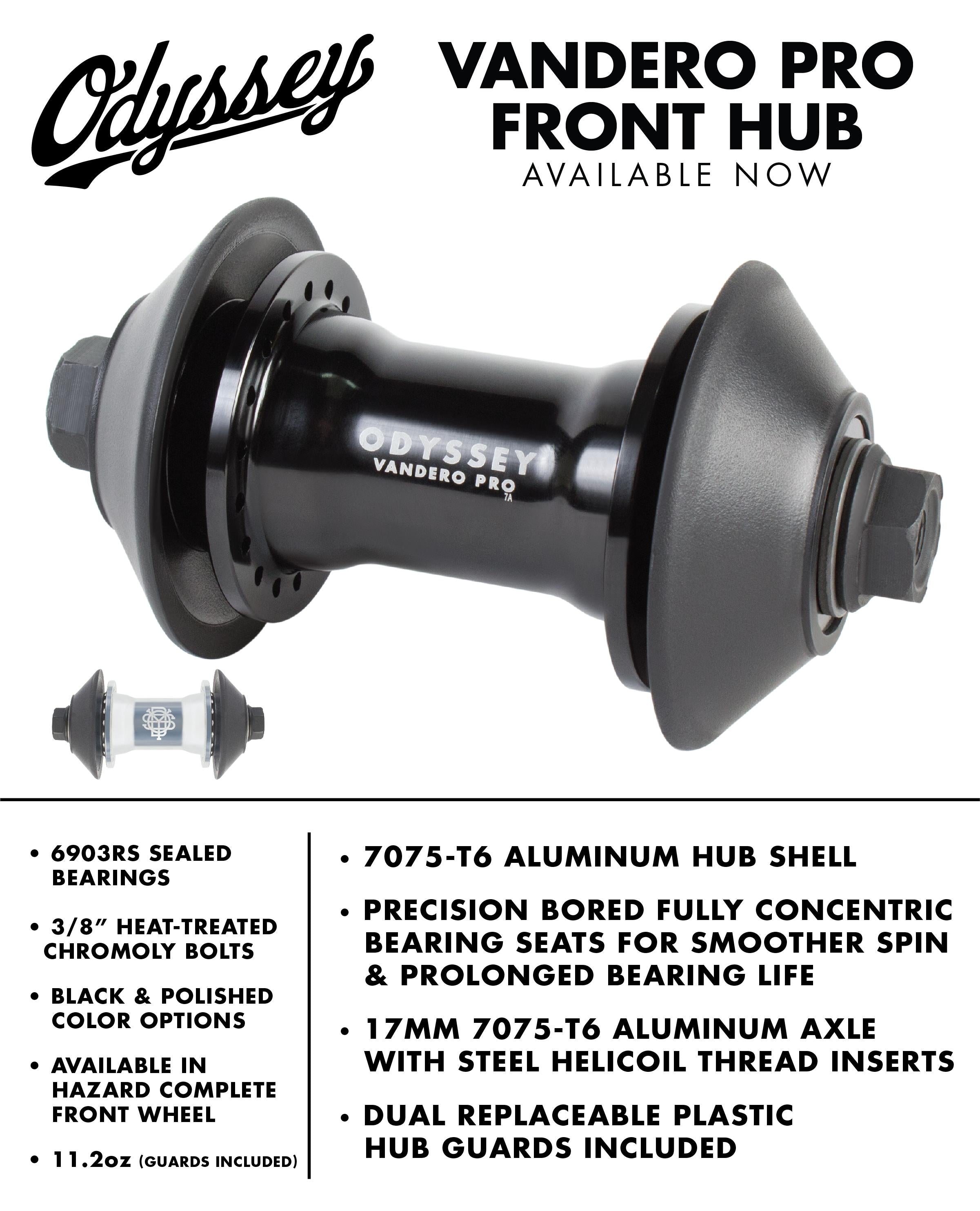 The Odyssey Vandero Pro Front Hub in black features an aluminum shell, sealed bearings, and is compatible with dual replaceable plastic hubguards.