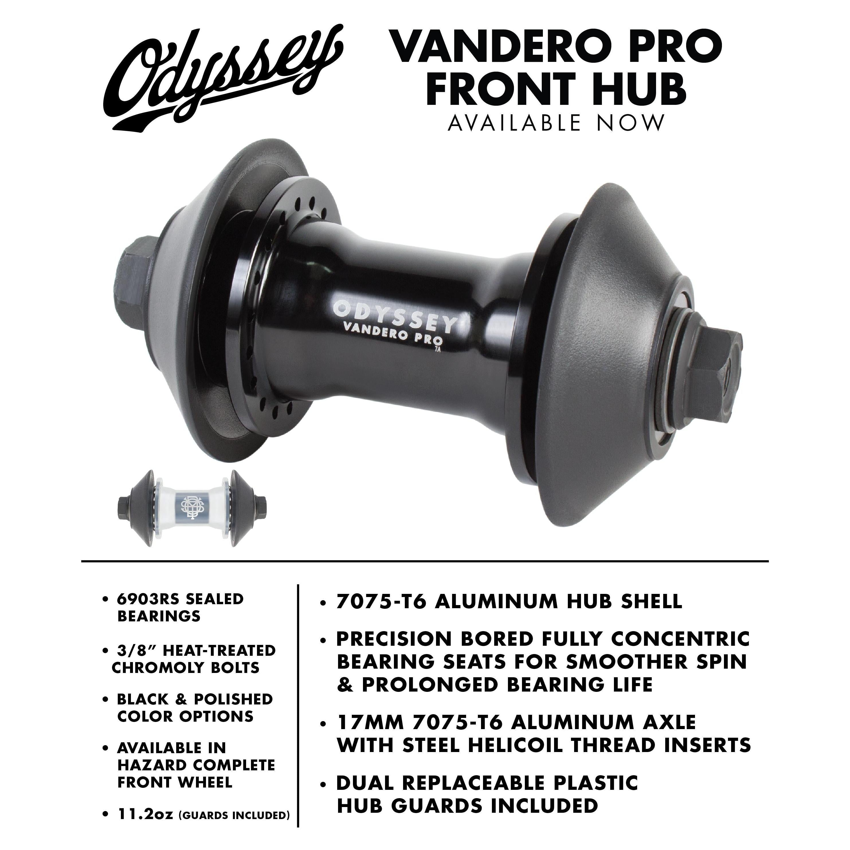 The Odyssey Vandero Pro Front Hub in black features an aluminum shell, sealed bearings, and is compatible with dual replaceable plastic hubguards.
