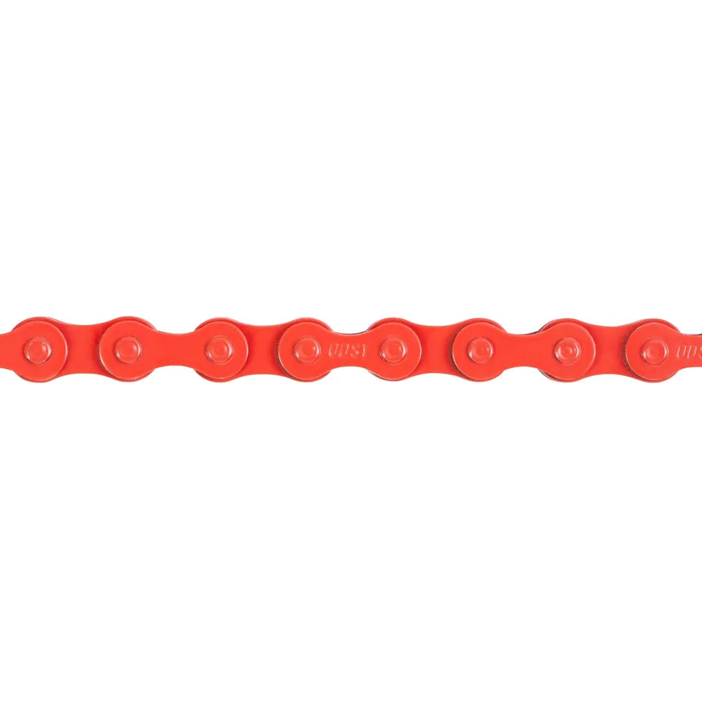 A close-up view of the Odyssey Blue Bird Chain, a red BMX bike chain segment displayed horizontally against a white background.