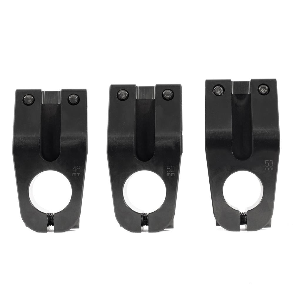 Three Shadow Finest Top Load Stems in black, CNC machined from 6061-T6 alloy, are displayed upright side by side in 48mm, 50mm, and 53mm lengths on a clean white background.