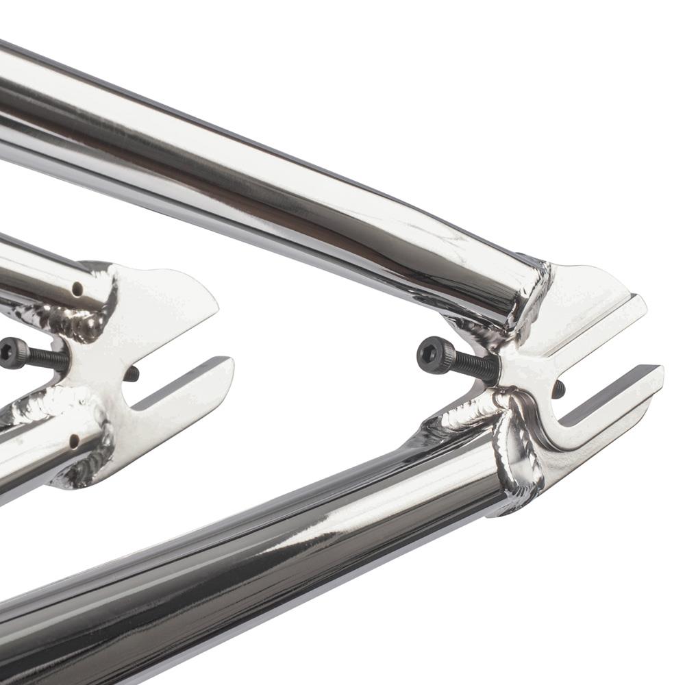 Close-up of a polished Subrosa Speedwolf V2 Race Frame dropout, showing the axle slot and chain tensioner screw.