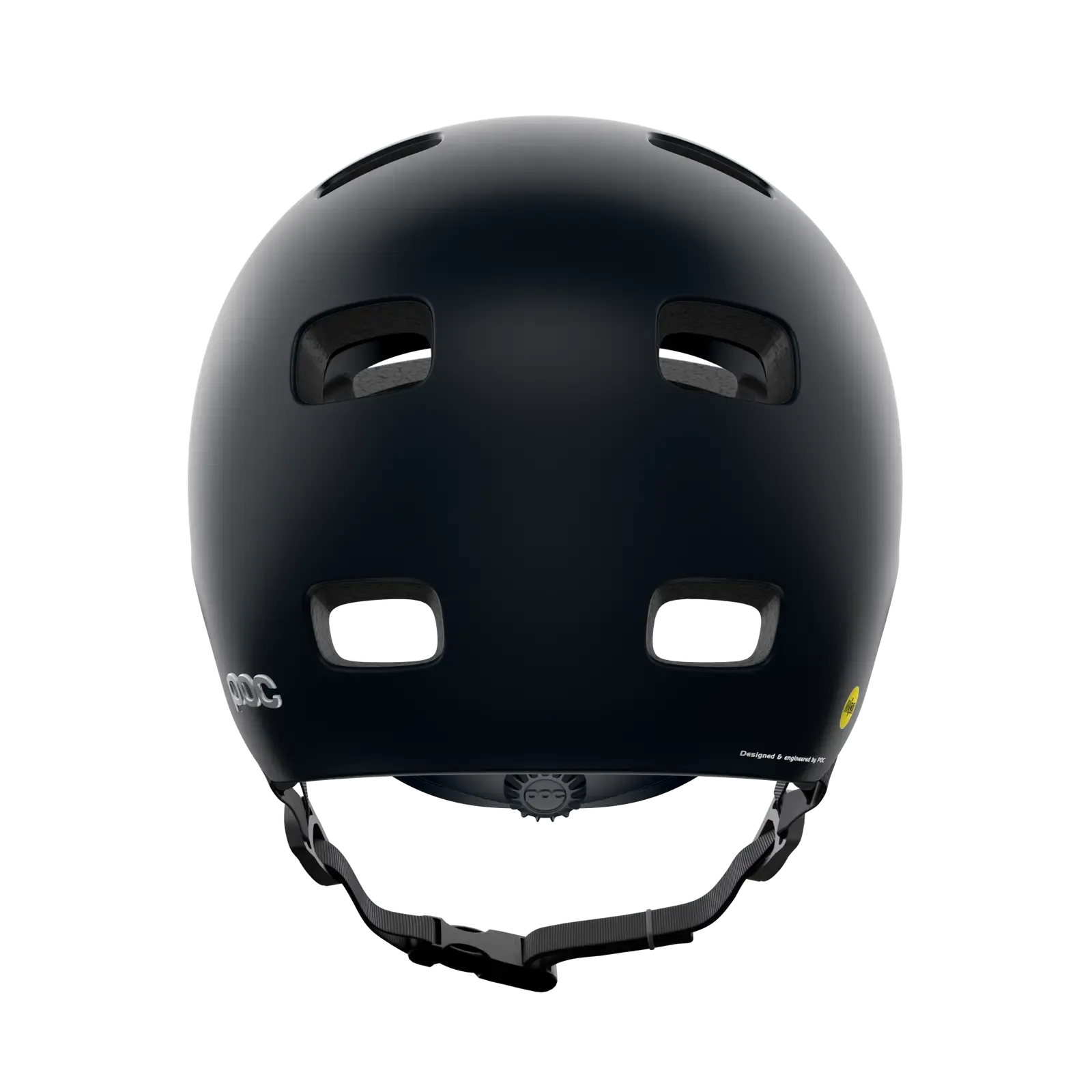 The POC Crane MIPS Helmet in matte black, shown from the back, features a dual-density liner for rotational impact protection, four vents, and adjustable straps.